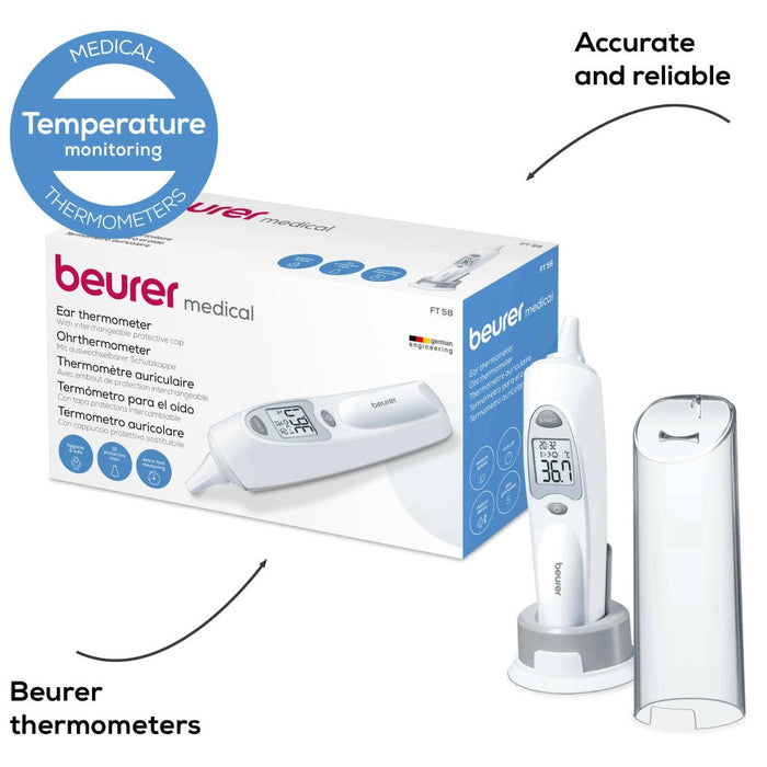 Beurer FT 58 In-Ear Thermometer: Hygienic Protective Caps, Infrared Technology, Rapid Results