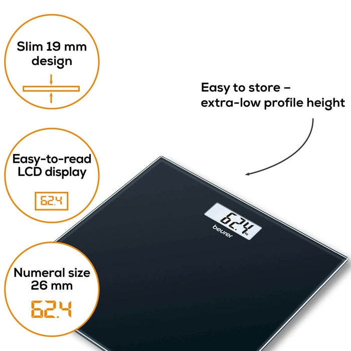 Beurer Bathroom Scale GS 10 Black Glass: Compact, Space-Saving Design. 180kg Capacity