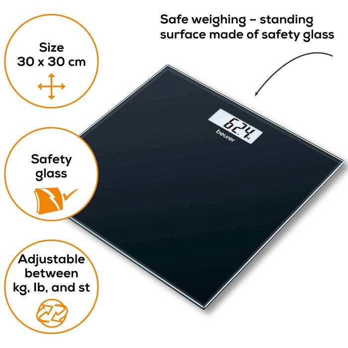 Beurer Bathroom Scale GS 10 Black Glass: Compact, Space-Saving Design. 180kg Capacity