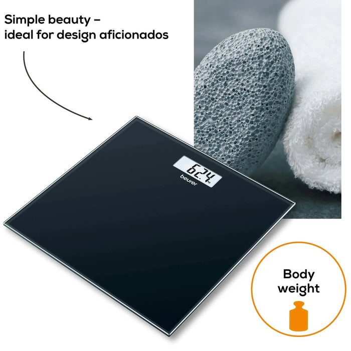 Beurer Bathroom Scale GS 10 Black Glass: Compact, Space-Saving Design. 180kg Capacity