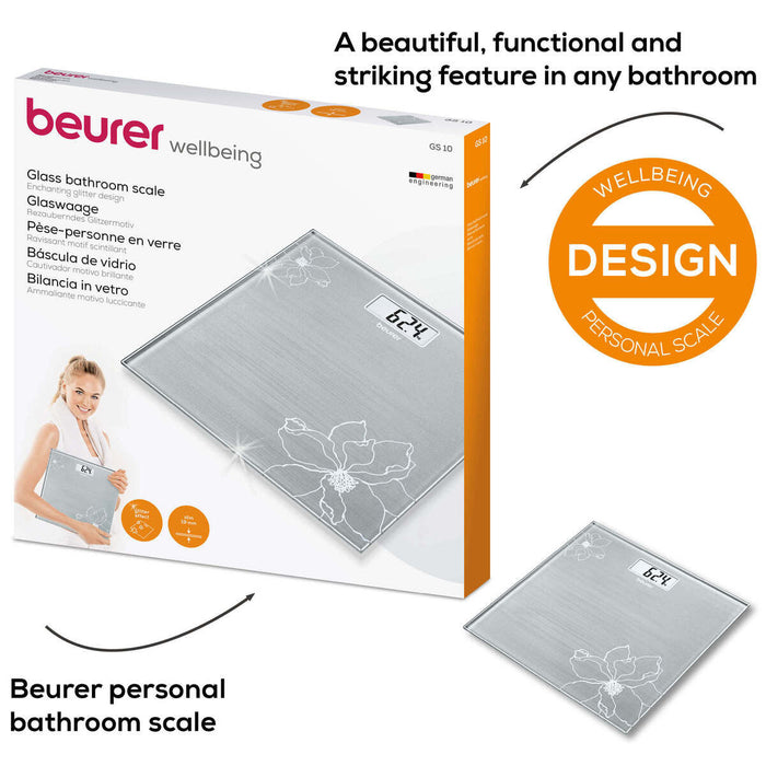 Beurer Germany GS 10 Bathroom Scale: Compact, Space-Saving. Silver-Grey Glass with Shimmer Flower Motif. 180kg Capacity