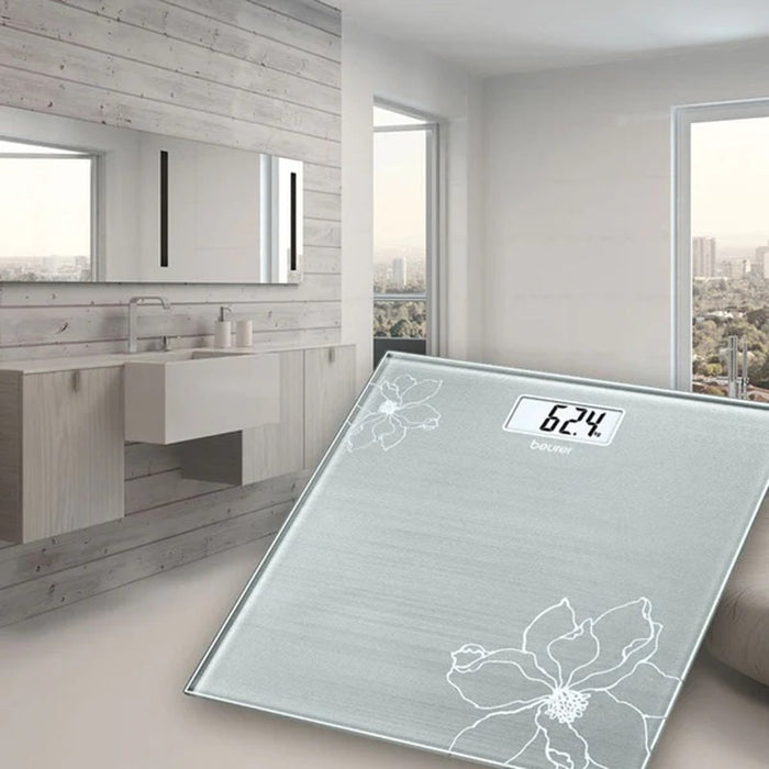 Beurer Germany GS 10 Bathroom Scale: Compact, Space-Saving. Silver-Grey Glass with Shimmer Flower Motif. 180kg Capacity