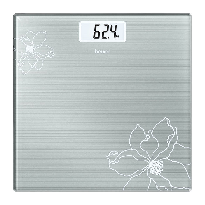 Beurer Germany GS 10 Bathroom Scale: Compact, Space-Saving. Silver-Grey Glass with Shimmer Flower Motif. 180kg Capacity