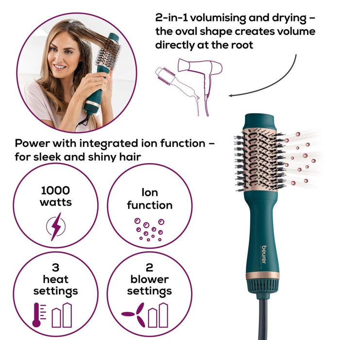 Beurer 2-in-1 Volumising Hair Dryer Brush in XXL Size for Ultra Volume & Style: HC 45 in Ocean Blue