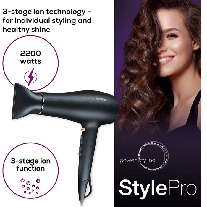 Beurer Hair Dryer with Diffuser, Nozzle, Ion Function & 2200W Power. Award Winning HC 50