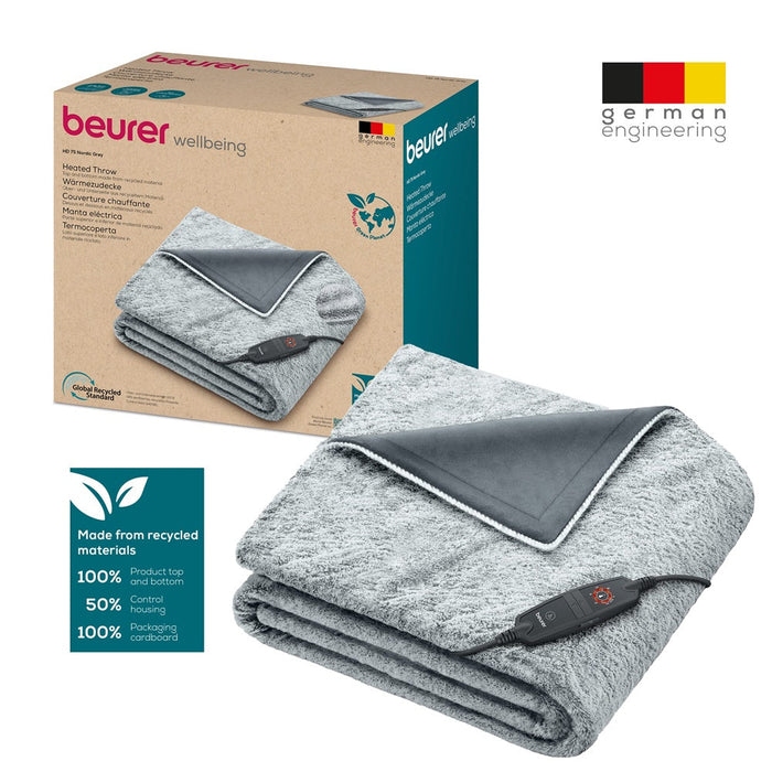 Beurer Electric Blanket: Cosy & Eco-Friendly Heated Throw HD 75 NORDIC GP in GREY 180 x 130cm