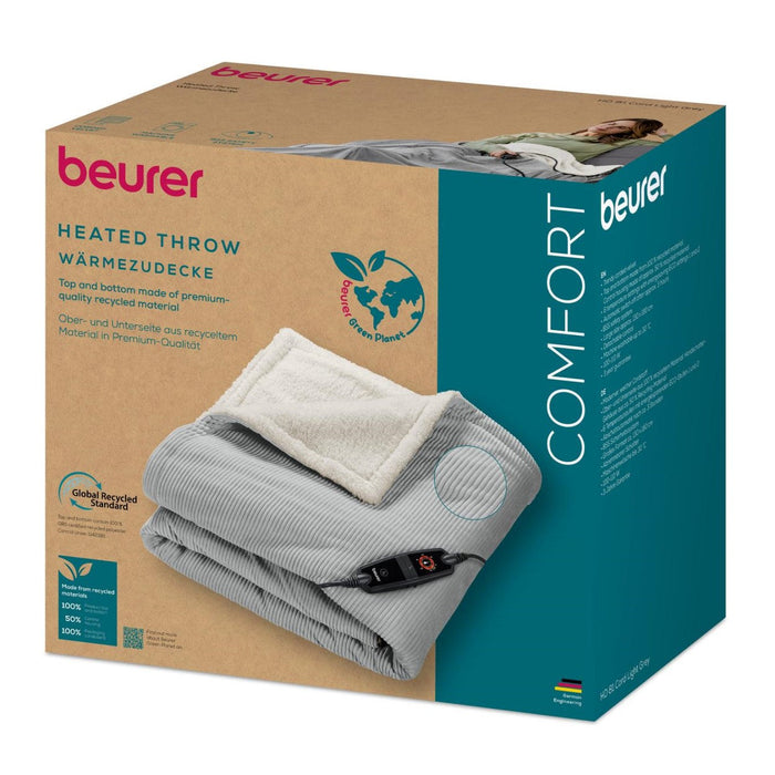 Beurer HD 81 GP Electric Blanket: Eco-Friendly Heated Throw. Corded Fabric. Light Grey 1.8x1.3m