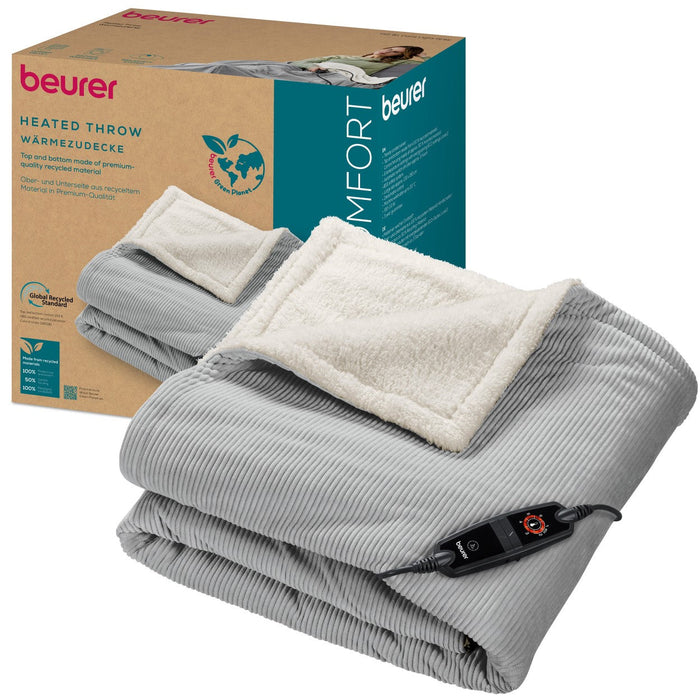 Beurer HD 81 GP Electric Blanket: Eco-Friendly Heated Throw. Corded Fabric. Light Grey 1.8x1.3m