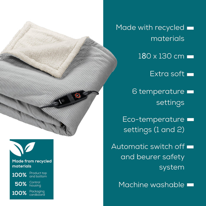 Beurer HD 81 GP Electric Blanket: Eco-Friendly Heated Throw. Corded Fabric. Light Grey 1.8x1.3m