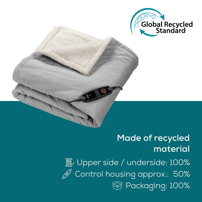 Beurer HD 81 GP Electric Blanket: Eco-Friendly Heated Throw. Corded Fabric. Light Grey 1.8x1.3m