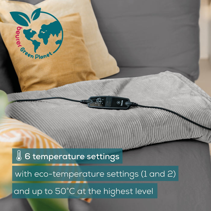 Beurer HD 81 GP Electric Blanket: Eco-Friendly Heated Throw. Corded Fabric. Light Grey 1.8x1.3m