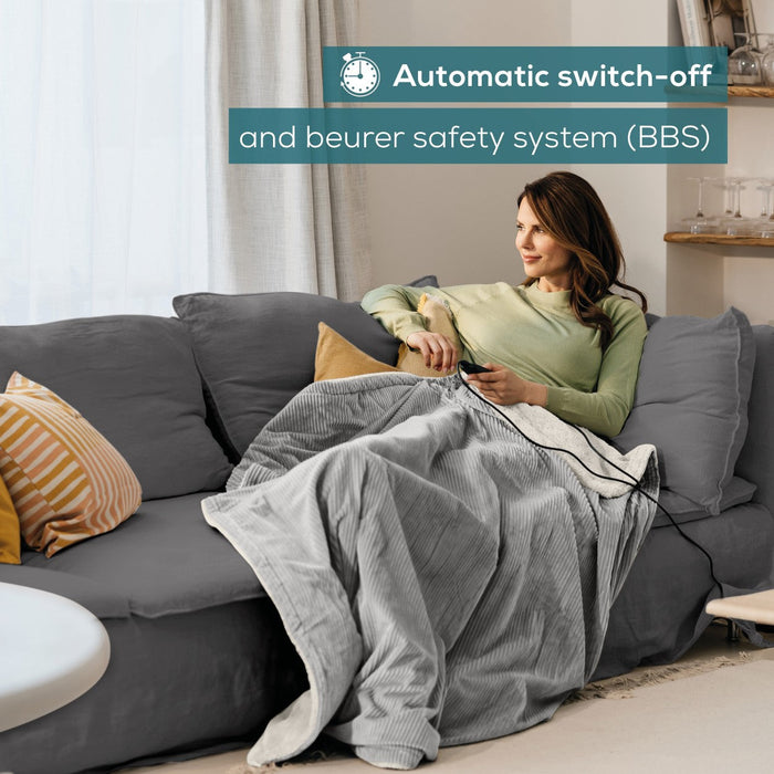 Beurer HD 81 GP Electric Blanket: Eco-Friendly Heated Throw. Corded Fabric. Light Grey 1.8x1.3m