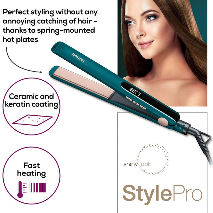 Beurer HS 50 Ocean Hair Straightener: Ceramic Keratin Flat Iron with Temperature Control in Ocean Blue