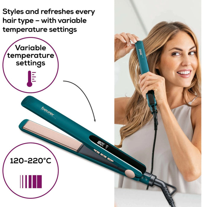 Beurer HS 50 Ocean Hair Straightener: Ceramic Keratin Flat Iron with Temperature Control in Ocean Blue