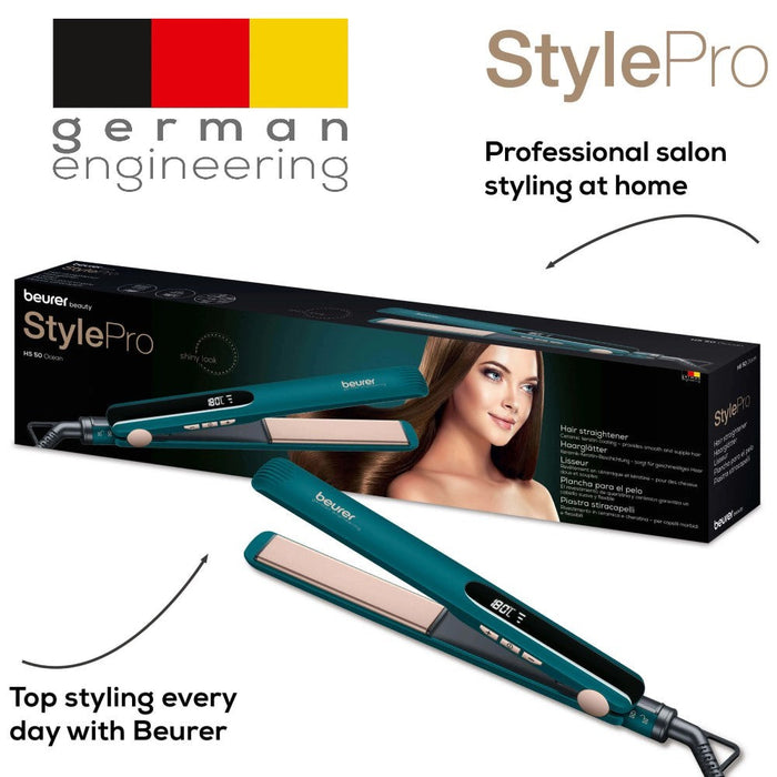 Beurer HS 50 Ocean Hair Straightener: Ceramic Keratin Flat Iron with Temperature Control in Ocean Blue