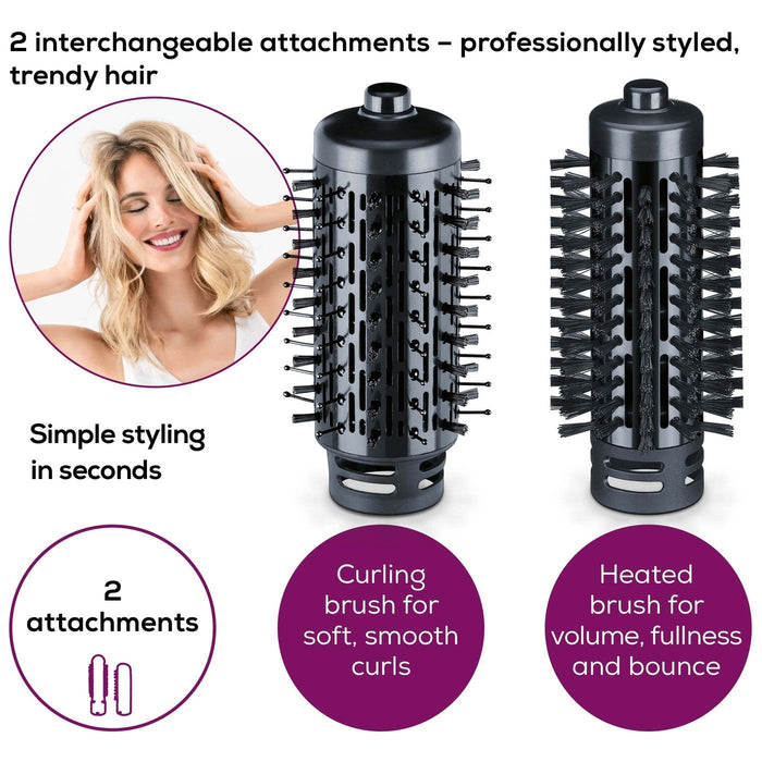 Beurer Germany HT 80 Rotating Hot Air Styling & Drying Brush. 2 Attachments for Straight Hair, Volume & Bounce or Curls & Waves