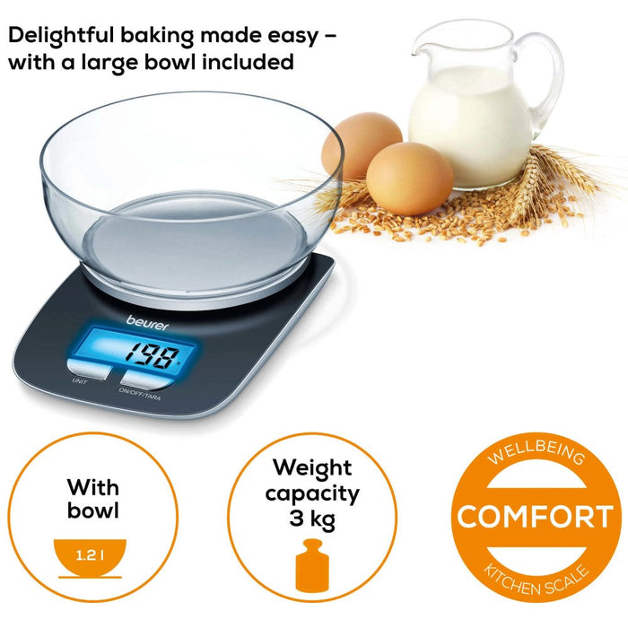 Beurer KS 25 Kitchen Scale: Weigh from 1g to 3Kg, Dishwasher-Safe 1.2L Bowl