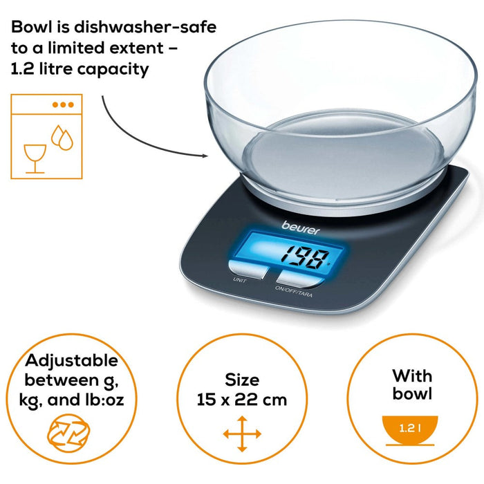 Beurer KS 25 Kitchen Scale: Weigh from 1g to 3Kg, Dishwasher-Safe 1.2L Bowl