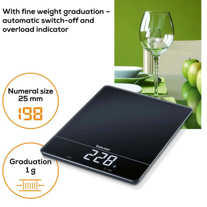 Beurer KS 34 Digital Glass Kitchen Scale: XL 15kg Weight Capacity. 1g Increments. Large LED Display