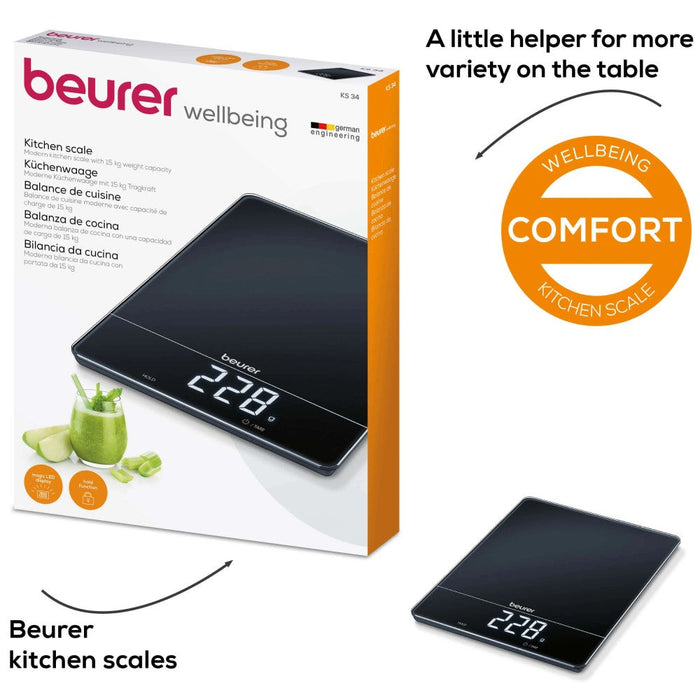 Beurer KS 34 Digital Glass Kitchen Scale: XL 15kg Weight Capacity. 1g Increments. Large LED Display