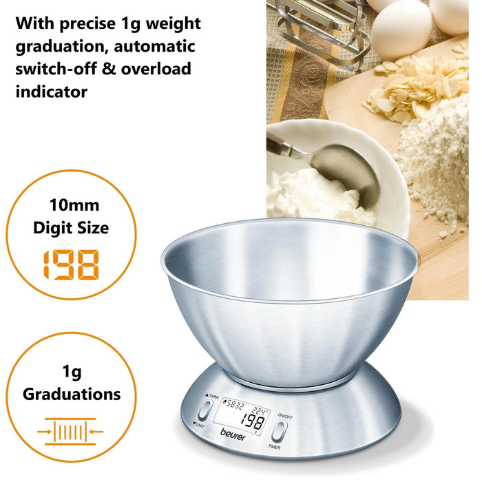 Beurer Germany Kitchen Scale with 1.5L Dishwasher-Safe Stainless-Steel Bowl, Integrated Room Thermometer & Timer. 5kg capacity. 1g Graduation