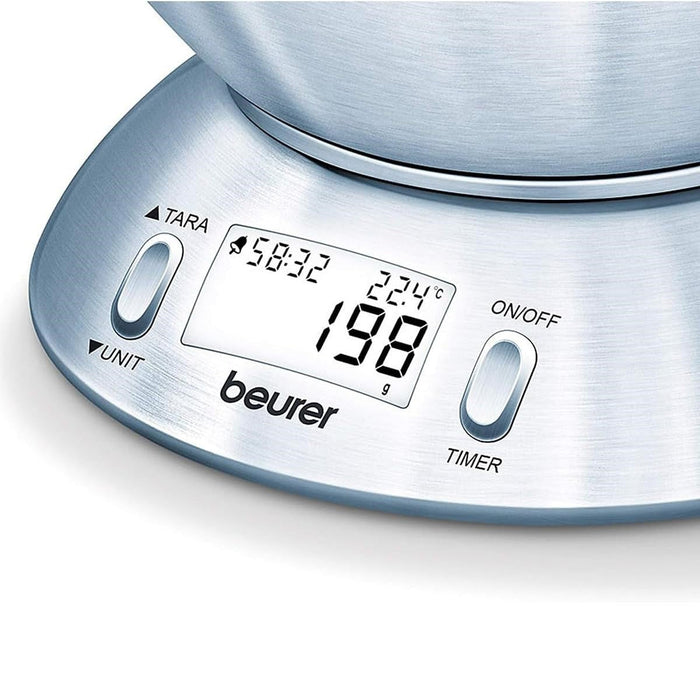 Beurer Germany Kitchen Scale with 1.5L Dishwasher-Safe Stainless-Steel Bowl, Integrated Room Thermometer & Timer. 5kg capacity. 1g Graduation