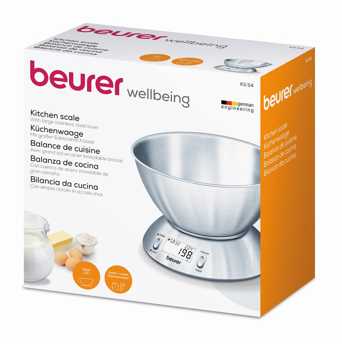 Beurer Germany Kitchen Scale with 1.5L Dishwasher-Safe Stainless-Steel Bowl, Integrated Room Thermometer & Timer. 5kg capacity. 1g Graduation