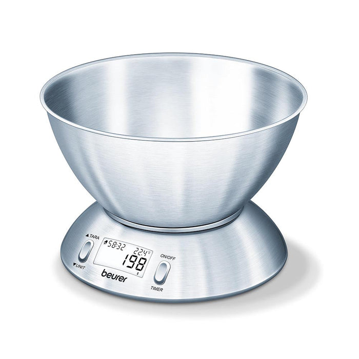 Beurer Germany Kitchen Scale with 1.5L Dishwasher-Safe Stainless-Steel Bowl, Integrated Room Thermometer & Timer. 5kg capacity. 1g Graduation