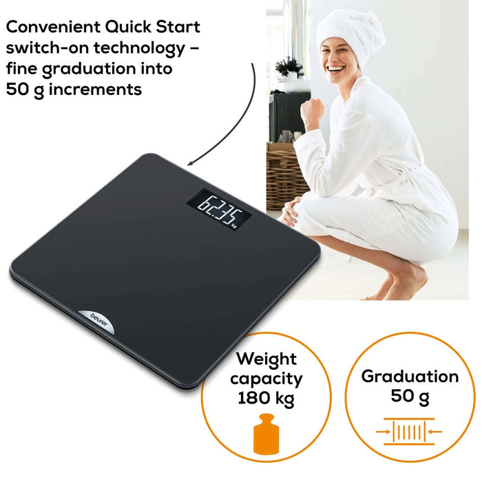 Beurer PS 240 Personal Bathroom Scale in Elegant Black, Backlit Large LCD Display, 180kg Capacity