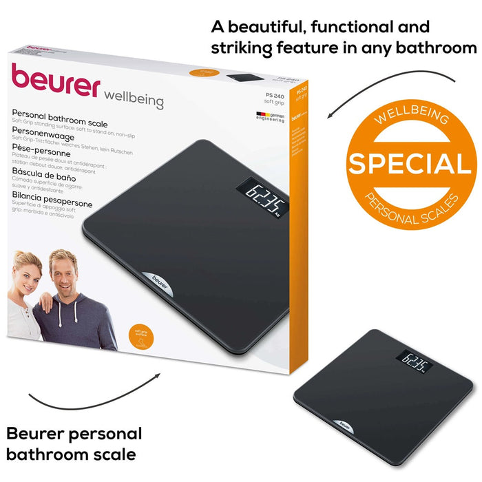 Beurer PS 240 Personal Bathroom Scale in Elegant Black, Backlit Large LCD Display, 180kg Capacity